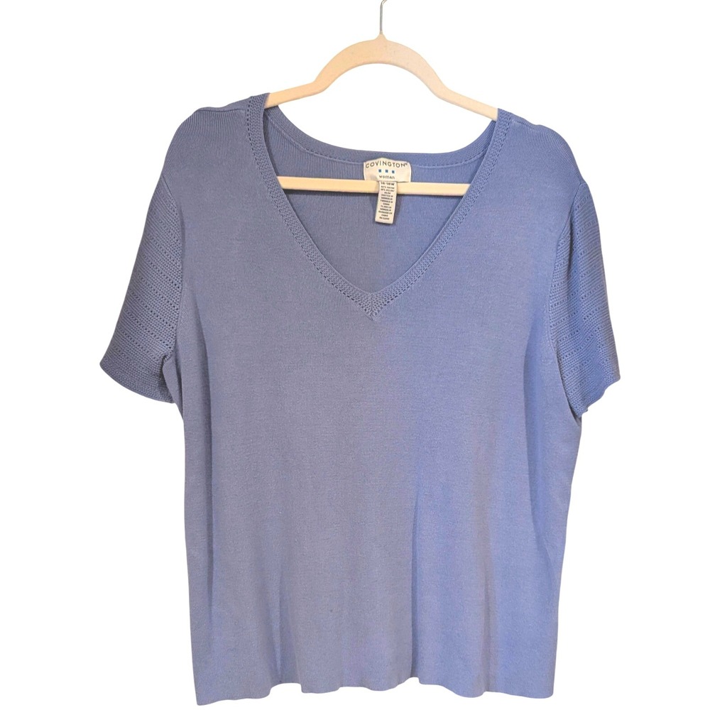 Covington Woman‎ Plus Size 16-18W Knit Top Short Sleeve V Neck Blue Casual